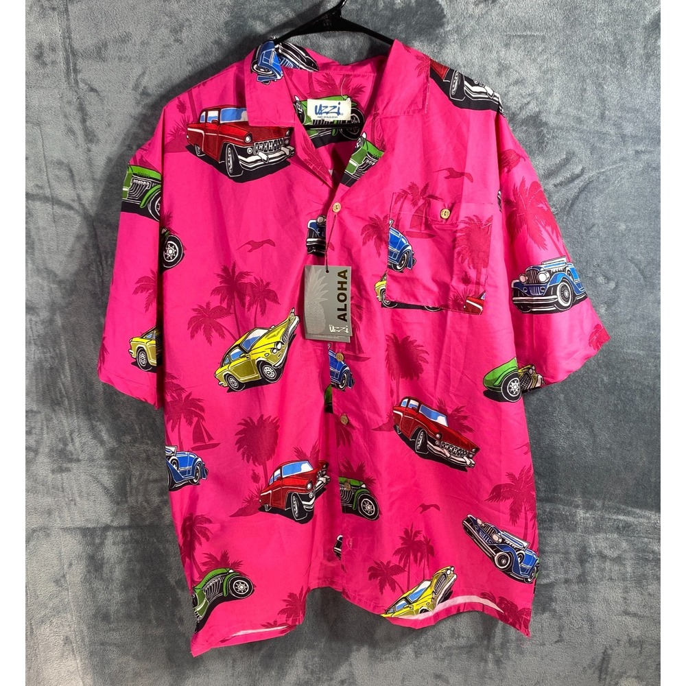 Uzzi Hawaiian Shirt Mens XL Pink Cars Over Print Amphibious Gear Wicking UPF NEW